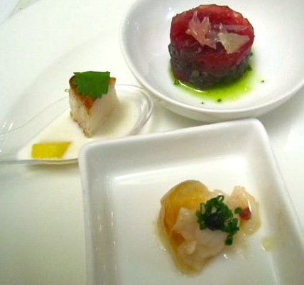 My seared scallop in a chilled coconut lime soup on the left was one of three amuse bouches served the night of the competition.