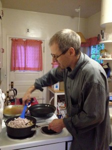 Mycologist Matt Ironside stirs up a creamy morel mushroom risotto for dinner after our blind tasting. Photo by Christine Willmsen